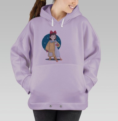 Зимняя иллюстрация с девочкой и длинным белым гусем, Hoodie Oversize Fiolet