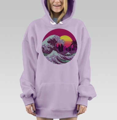 Ретровейв волна Хокусая в неоновых цветах, Hoodie Mjhigh Dig Mel, Fiolet, утепленная