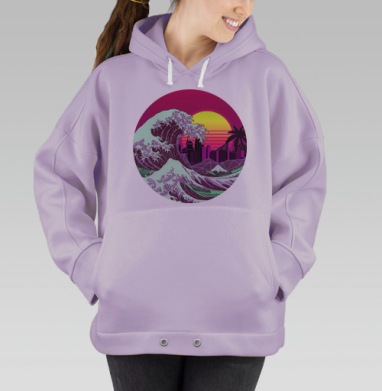 Ретровейв волна Хокусая в неоновых цветах, Hoodie Oversize Fiolet