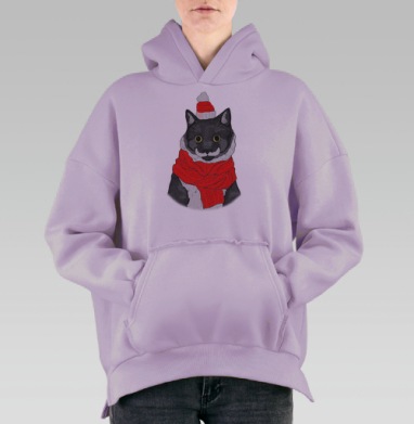 Стильный черный кот в зимнем наряде с шарфом, Hoodie Oversize Fiolet, утепленная