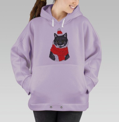 Стильный черный кот в зимнем наряде с шарфом, Hoodie Oversize Fiolet