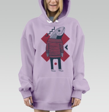 Стильная иллюстрация Рыба в свитере, Hoodie Mjhigh Dig Mel, Fiolet, утепленная