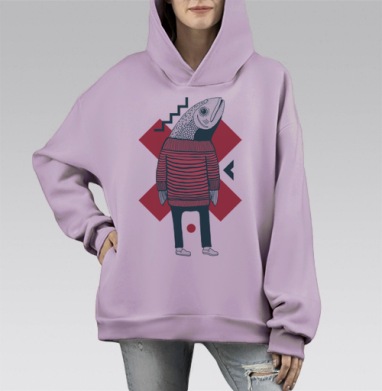 Стильная иллюстрация Рыба в свитере, Hoodie Mono Fiolet, оверсайз, утепленная