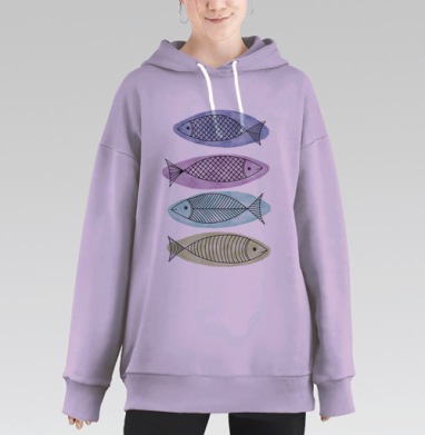 Набор из 4 минималистичных акварельных рыб, Hoodie Long Oversize Fiolet