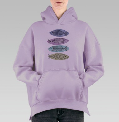 Набор из 4 минималистичных акварельных рыб, Hoodie Oversize Fiolet, утепленная