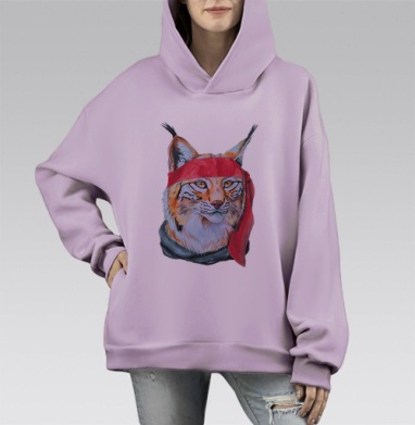 Харизматичный портрет рыси с красной банданой, Hoodie Mono Fiolet, оверсайз, утепленная