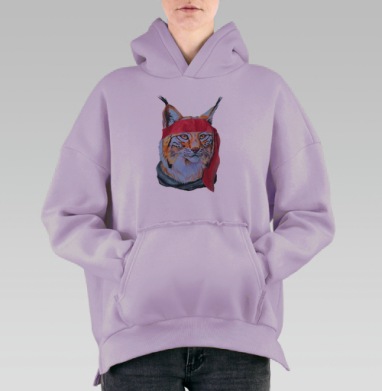 Харизматичный портрет рыси с красной банданой, Hoodie Oversize Fiolet, утепленная