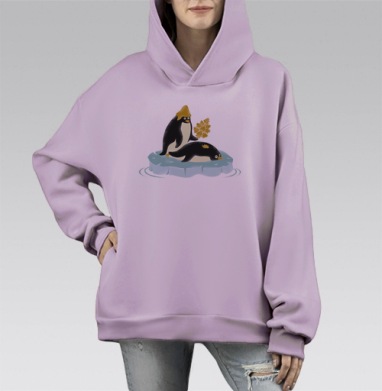 Милые пингвины и золотые осенние листья, Hoodie Mono Fiolet, оверсайз, утепленная