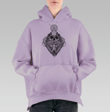Волк с Черепом в Мистической Геометрии, Hoodie Oversize Fiolet, утепленная