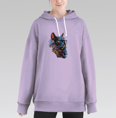 Кошка в очках с кубистическим узором, Hoodie Long Oversize Fiolet