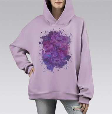 Пышные пионы в сиреневых и розовых тонах, Hoodie Mono Fiolet, оверсайз, утепленная