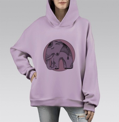 Спокойный слон в круге с этно-узорами, Hoodie Mono Fiolet, оверсайз, утепленная