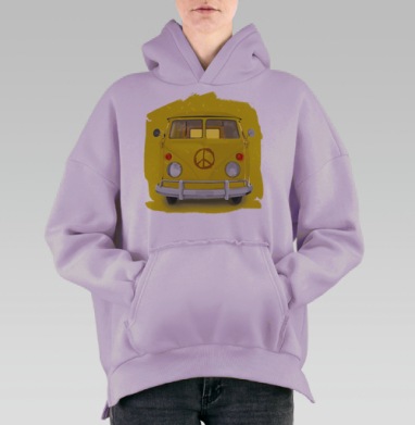 Яркий жёлтый микроавтобус Volkswagen с символом мира, Hoodie Oversize Fiolet, утепленная