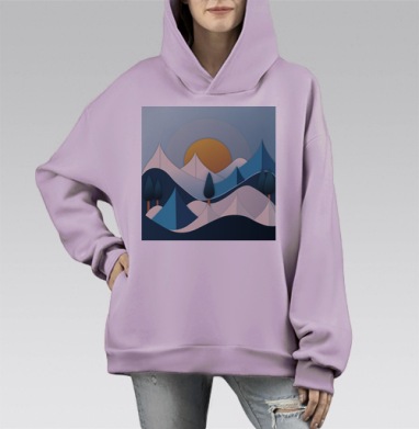 Спокойный горный пейзаж с солнцем и соснами в минимализме, Hoodie Mono Fiolet, оверсайз, утепленная