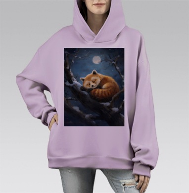 Спящая рыжая панда на ветке дерева ночью, Hoodie Mono Fiolet, оверсайз, утепленная