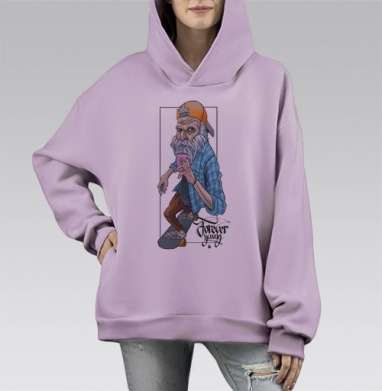 Пожилой скейтбордист «Forever Young» в кепке, Hoodie Mono Fiolet, оверсайз, утепленная