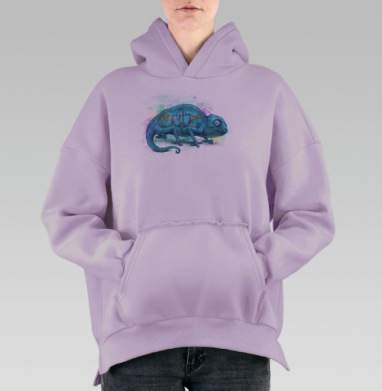 Стилизованный хамелеон с надписью STAY TRUE, Hoodie Oversize Fiolet, утепленная