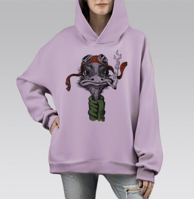 Страус-пилот в винтажном шлеме с дымком, Hoodie Mono Fiolet, оверсайз, утепленная
