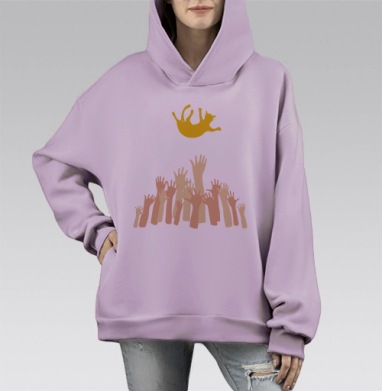 Стремящиеся руки тянутся к парящему желтому коту, Hoodie Mono Fiolet, оверсайз, утепленная