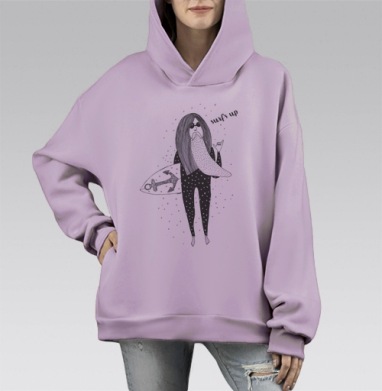 Стилизованный сёрфер с доской и жестом шaка, Hoodie Mono Fiolet, оверсайз, утепленная
