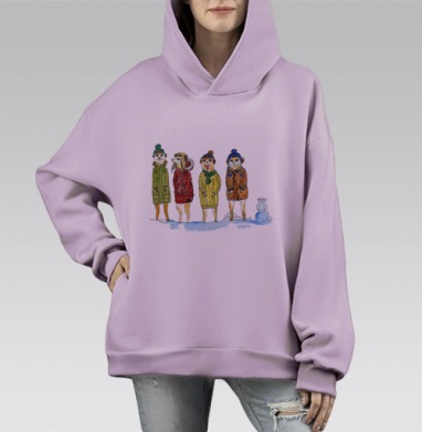 Сурикаты в зимней одежде на снегу, Hoodie Mono Fiolet, оверсайз, утепленная