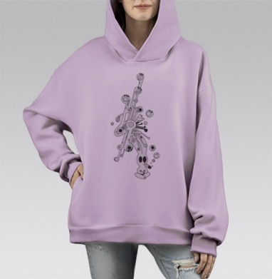 Сюрреалистическое существо в позе лотоса с абстрактной структурой, Hoodie Mono Fiolet, оверсайз, утепленная