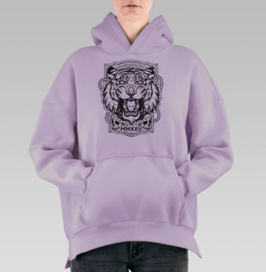 Графический логотип с агрессивным тигром и черепами, Hoodie Oversize Fiolet, утепленная