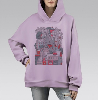 Гигантский кот с чашкой чая над городом, Hoodie Mono Fiolet, оверсайз, утепленная