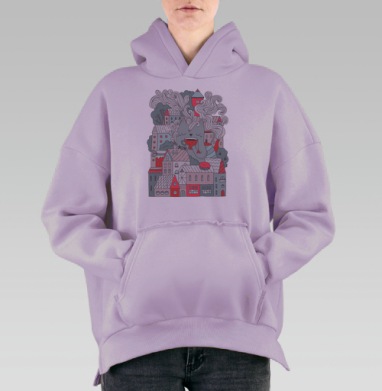 Гигантский кот с чашкой чая над городом, Hoodie Oversize Fiolet, утепленная