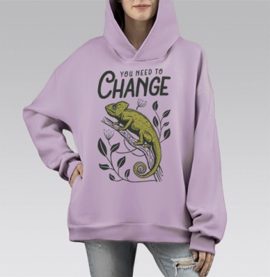 Ироничная графика с хамелеоном и призывом к переменам, Hoodie Mono Fiolet, оверсайз, утепленная