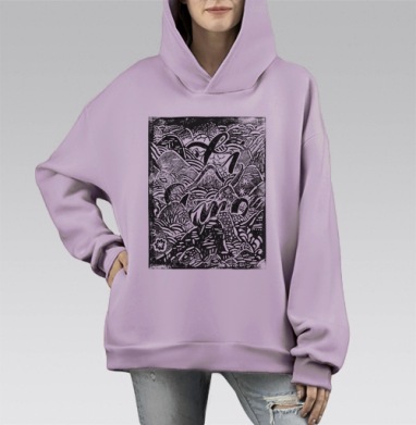 Динамичный калейдоскоп «PRIMO» в монохроме, Hoodie Mono Fiolet, оверсайз, утепленная