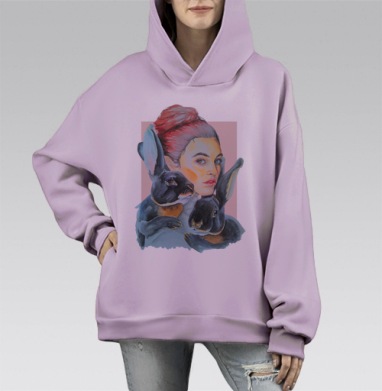 Нежность и тайна: Женщина с двумя чёрными кроликами, Hoodie Mono Fiolet, оверсайз, утепленная