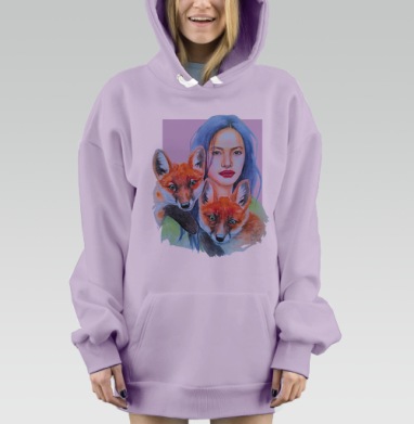 Женщина с синими волосами и лисятами — акварельное искусство, Hoodie Mjhigh Dig Mel, Fiolet, утепленная