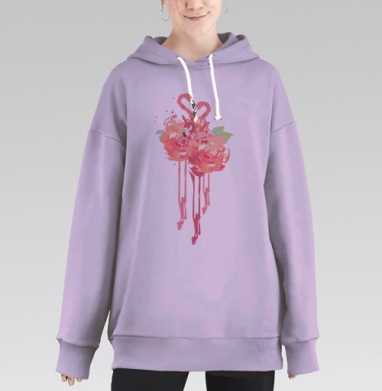 Романтичный акварельный принт с фламинго и пионами, Hoodie Long Oversize Fiolet