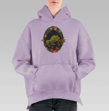 Яркий зеленый хамелеон на ветке в тропиках, Hoodie Oversize Fiolet, утепленная