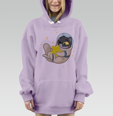 Кот-космонавт с желтой звездой в космосе, Hoodie Mjhigh Dig Mel, Fiolet, утепленная