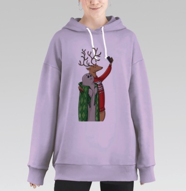 Дружба оленя и тюленя в праздничном селфи, Hoodie Long Oversize Fiolet