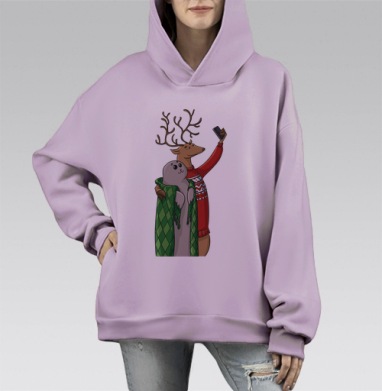 Дружба оленя и тюленя в праздничном селфи, Hoodie Mono Fiolet, оверсайз, утепленная