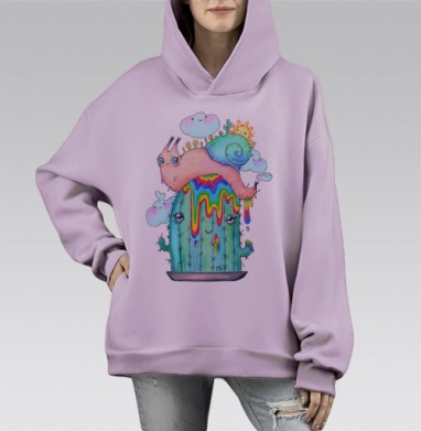 Радужный кактус с улыбающейся улиткой, Hoodie Mono Fiolet, оверсайз, утепленная