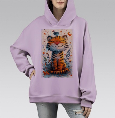 Улыбающийся тигр с птицей в сказочном окружении, Hoodie Mono Fiolet, оверсайз, утепленная