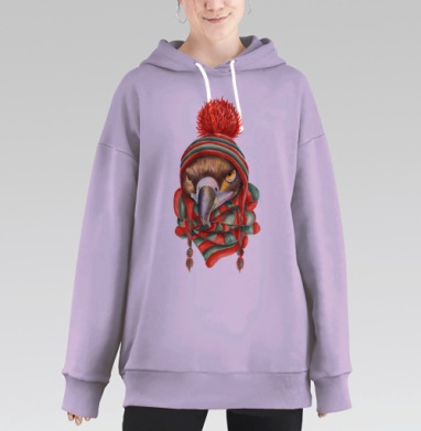 Игривый орёл в зимней шапке и шарфе, Hoodie Long Oversize Fiolet