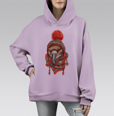 Игривый орёл в зимней шапке и шарфе, Hoodie Mono Fiolet, оверсайз, утепленная
