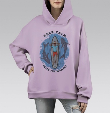 Скелет на сёрфе с акулами: Сохраняй спокойствие, Hoodie Mono Fiolet, оверсайз, утепленная