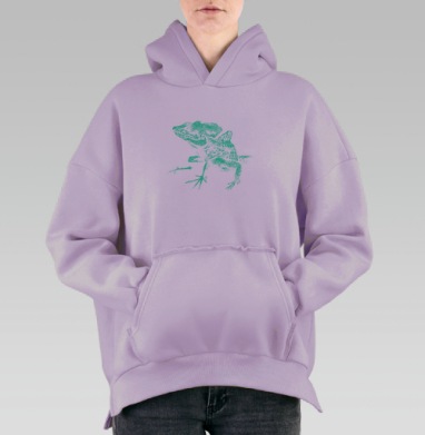 Неоновая ящерица в зелено-черных тонах, Hoodie Oversize Fiolet, утепленная
