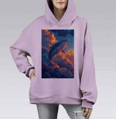 Величественный кит в облаках летящий кита в облаках, Hoodie Mono Fiolet, оверсайз, утепленная