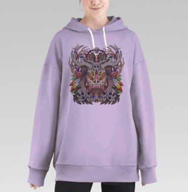 Мифический тотем с оленими рогами и черепами, Hoodie Long Oversize Fiolet