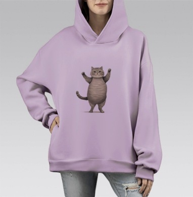 Веселый толстый кот с поднятыми лапками для настроения, Hoodie Mono Fiolet, оверсайз, утепленная