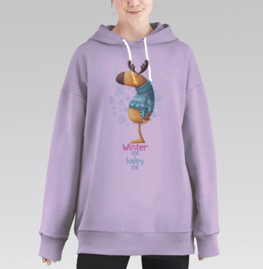 Милый лось в ярком зимнем свитере, Hoodie Long Oversize Fiolet