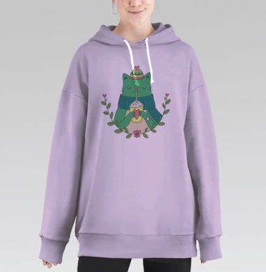 Уютная Зеленая Кошка с Чашкой Теплого Напитка, Hoodie Long Oversize Fiolet