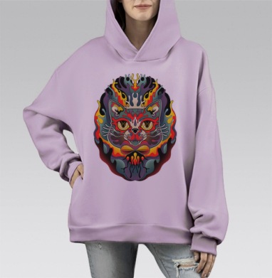Психоделическая голова кота в огненном стиле, Hoodie Mono Fiolet, оверсайз, утепленная